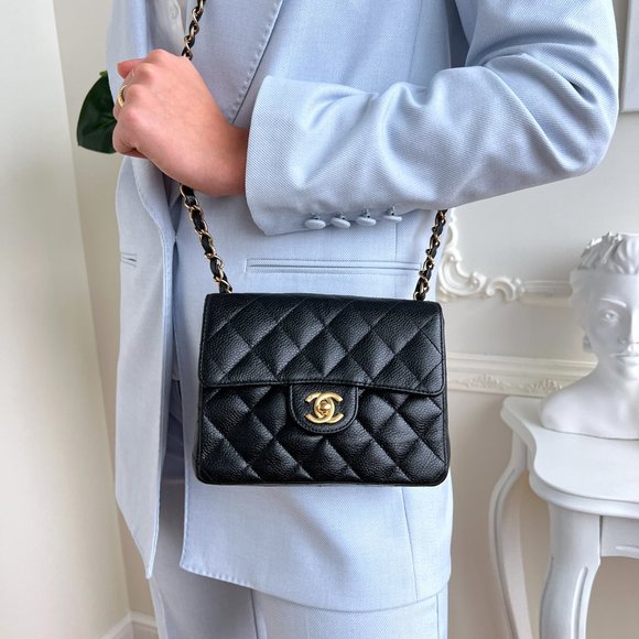 Authentic Chanel Classic Square Black Caviar Leather Mini Crossbody Bag B0846 - Picture 2 of 16